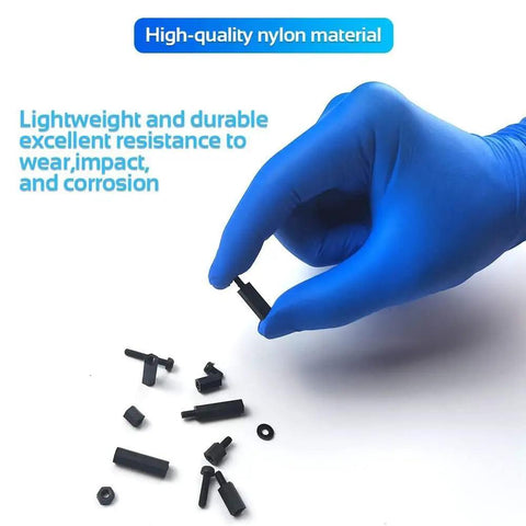 350 Piece Nylon M4 Standoff Kit With Male And Female Spacers Nuts Washers Screws For PCB Mounting And Electronics DIY Projects Dope For Prototyping Robotics Home Workshop Builds, black nylon spacer detail