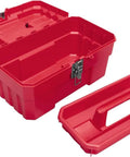 Open red Heavy Duty 14-Inch Plastic Toolbox With Removable Tray, Steel Latch And Padlock Eye, Portable Tool Box, Made In USA