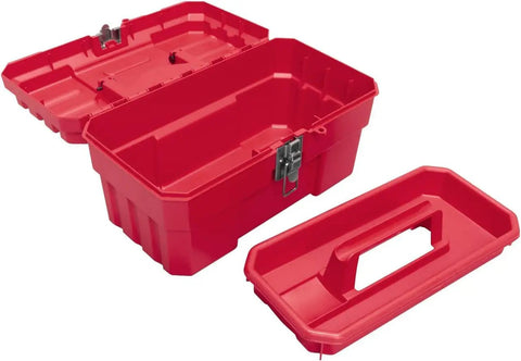 Open red Heavy Duty 14-Inch Plastic Toolbox With Removable Tray, Steel Latch And Padlock Eye, Portable Tool Box, Made In USA