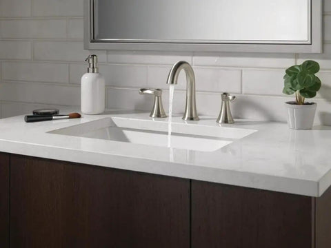 Modern vanity with Esato Widespread Bathroom Faucet Brushed Nickel With Drain Assembly Included 3 Hole Sink Faucet SpotShield Finish