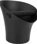 Built Tough Stainless Steel Coffee Knock Box With Non Slip Base And Deep Flared Opening Heavy Duty Espresso Percussion Bin, black design.