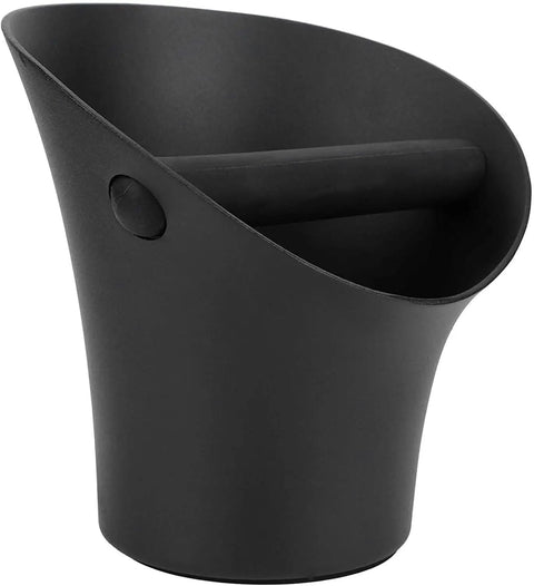 Built Tough Stainless Steel Coffee Knock Box With Non Slip Base And Deep Flared Opening Heavy Duty Espresso Percussion Bin, black design.