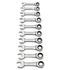 Ten Piece 12 Point Stubby Ratcheting Combination Wrench Metric Set Built Tough with Ultra Thin Head arranged in size order