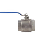 Two Inch Full Port Ball Valve Crafted From Premium 304 Stainless Steel For Heavy Duty Plumbing Jobs That Deliver Rock Solid High Pressure Flow Complete Rust Resistance And Truly Hassle Free Operation, side view with blue handle.