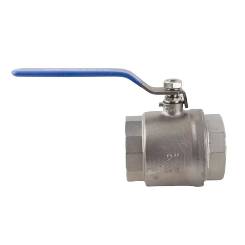 Two Inch Full Port Ball Valve Crafted From Premium 304 Stainless Steel For Heavy Duty Plumbing Jobs That Deliver Rock Solid High Pressure Flow Complete Rust Resistance And Truly Hassle Free Operation, shown with blue handle.