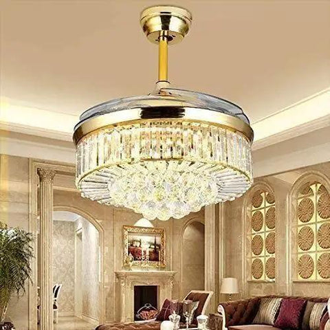Luxe 42 Inch Crystal Ceiling Fan And Lighting With Slick Retractable Blades Dimmable LEDs Silent Remote Motor For A Main Character Bedroom Vibe And Zero Sweat Install in elegant living room setting.