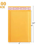 Yellow Bubble Mailers 6x9 Inch 100 Pack Padded Self Sealing Envelopes shown with dimensions and self-sealing strip.
