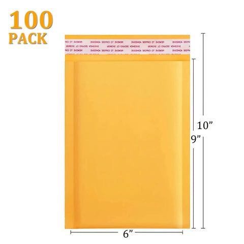 Yellow Bubble Mailers 6x9 Inch 100 Pack Padded Self Sealing Envelopes shown with dimensions and self-sealing strip.