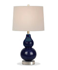 Navy Glass Base Petite Table Lamp With Linen Fabric Shade In White, Satin Nickel Finish, 21.25 Inch Tall, front view
