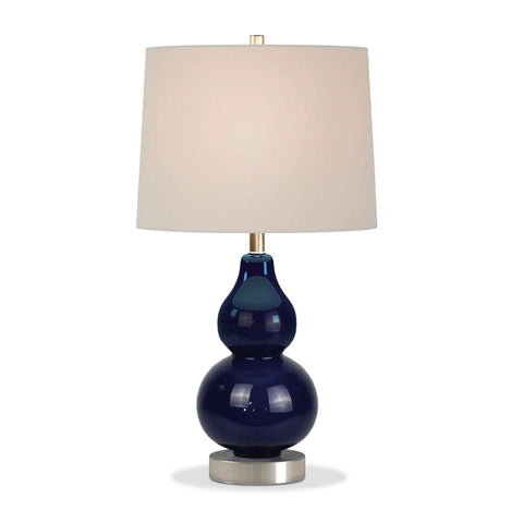 Navy Glass Base Petite Table Lamp With Linen Fabric Shade In White, Satin Nickel Finish, 21.25 Inch Tall, front view