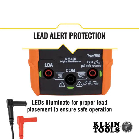 Auto Ranging TRMS Digital Multimeter MM420 Pro Grade with 10A ports and lead alert protection details
