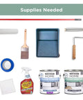 Supplies needed for Pearl Gray Interior Floor Coating Kit 1 Qt Premix Base Coat For A 2-Step System including rollers and brushes.
