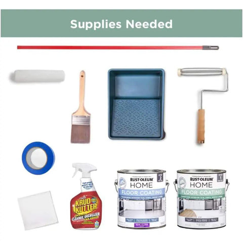 Supplies needed for Pearl Gray Interior Floor Coating Kit 1 Qt Premix Base Coat For A 2-Step System including rollers and brushes.