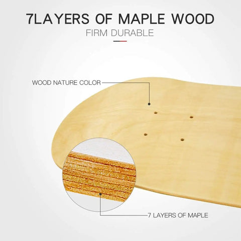 Close-up of 7-layer maple wood construction on Blank Maple Skateboard Decks Set Of 3, 31 X 8 Inches, double tail, lightweight and durable