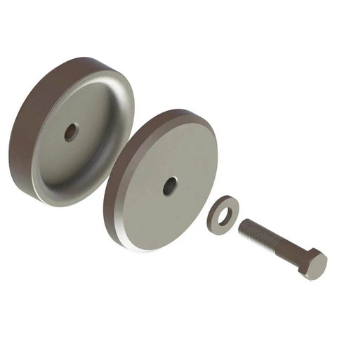 Sheet Metal Flare Dimple Die Kit For Stronger, Lighter Fabrication with two steel dimple dies and bolt, shown disassembled