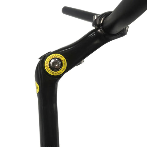 Close-up of black Adjustable Angle Bicycle Handlebar Stem Riser Aluminum Alloy Front Fork Stem Adapter, focus on tilt mechanism.