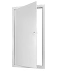 Heavy Duty Aluminum Access Panel Featuring A Slick Flush Concealed Hinge And Dead Nuts Tight Screw Mount For Drywall Ceilings Utility Shafts And Tile Wall Openings, open view showing white frame and smooth surface.