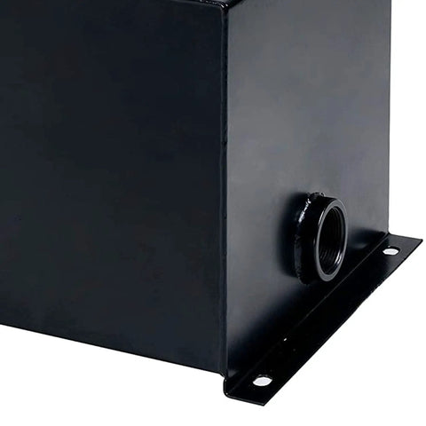 Corner view of 10 Gallon Welded Steel Hydraulic Reservoir Tank 14 Gauge Metal Construction Black Finish With 2 Inch Suction Port