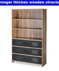 Solid Industrial Bookcase Featuring Three Slide Out Drawers And Four Wide Open Shelves, MDF construction with three black drawers.