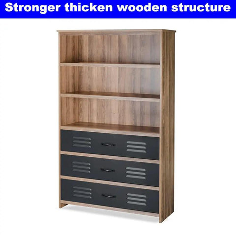 Solid Industrial Bookcase Featuring Three Slide Out Drawers And Four Wide Open Shelves, MDF construction with three black drawers.