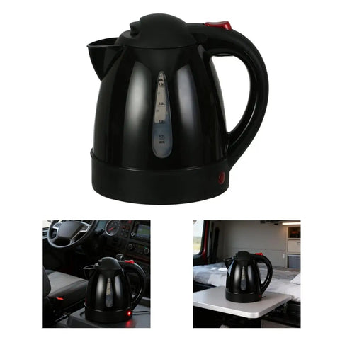 RigReady 24V 250W Portable Electric Kettle For Trucks And Rv Quick Heat Water Heater No Fuss Auto Shutoff 1 Liter on a console surface.