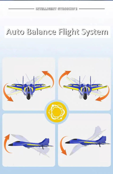 Illustration of Ready To Fly 2 Channel RC Airplane with Gyro for Kids and Adults showing auto balance flight system