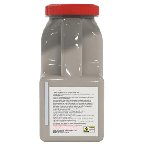 Give That Greasy Oil Mess The Boot With This Garden Safe Concrete And Masonry Degreaser Rapid Biodegradable Action ten pound jug back view with cleaning instructions.