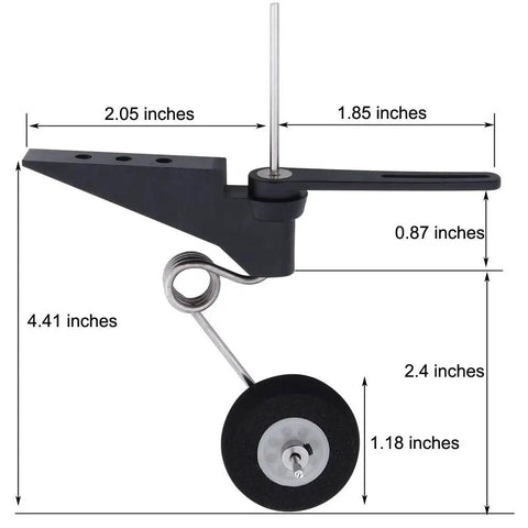 Beefy Tail Wheel Assembly for RC Airplanes 50cc to 120cc shown with dimensions, durable plastic and foam wheel 2.4x1 inches
