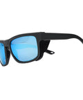 Boss Level Z87 Certified Safety Sunglasses Featuring Hardcore Removable Side Shields For Backcountry Hiking Skiing Kickass Uv Shielding And Crystal Clear Vision In Matte Blue Mirror Coating, side view with polarized blue lenses.