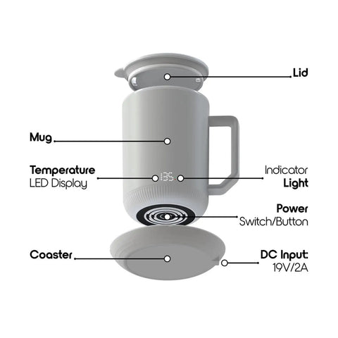Heavy Duty 12 Oz Stainless Steel Self Heating Coffee Mug With Lid And Smart Charging Coaster, labeled parts detail.