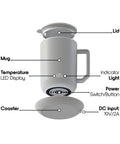 Smart Gravity Sensor Self Heating Coffee Mug With 12 Oz Stainless Steel Insulation And Integrated Charging Coaster features lid, LED display, and power switch.