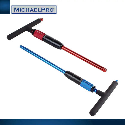 Two T-Handle wrenches from the Gift Edition 1/4 And 3/8 Inch Drive T Handle Wrench Set With Spinner Handle, red and blue, on white background.