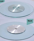 Heavy Duty 43 Inch Lazy Susan Turntable Crafted From Ultra Thick Tempered Glass With Rock Solid Aluminum Base showing front and back views.