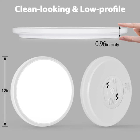 Two Pack Slim LED Flush Mount Ceiling Lights 12 Inch, 250W Equivalent, 24W Each, side and underside view with dimensions