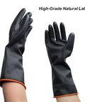Heavy Duty PU Apron And Latex Gloves Set For Kitchen And Lab Use, showing black latex gloves in use, waterproof and stain resistant