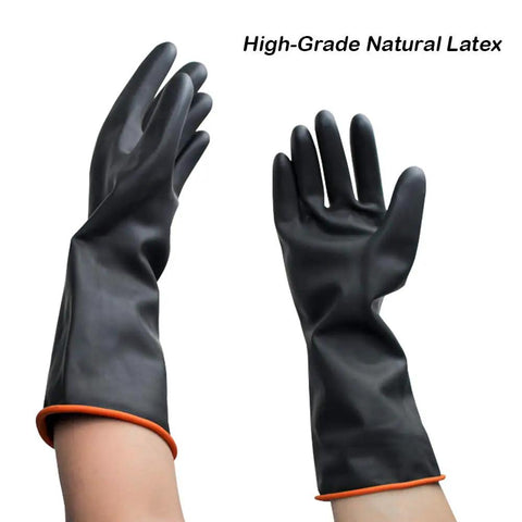Heavy Duty PU Apron And Latex Gloves Set For Kitchen And Lab Use, showing black latex gloves in use, waterproof and stain resistant