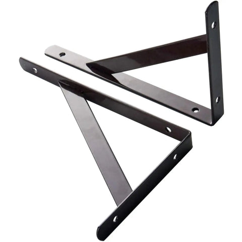 Heavy Duty Shelf Brackets 8 Inch By 5 Inch Wall Mount L Shaped Steel Brackets For Floating Shelves Black 4 Pack With Pre Drilled Holes And Included Mounting Hardware, showing two black steel brackets with pre-drilled holes.