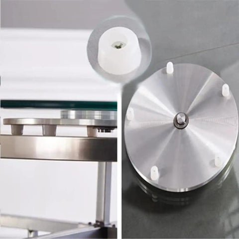 Close-up of Lazy Susan Rotating Turntable Glass Tray base showing the 30 inch clear tempered glass and metal swivel plate mechanism