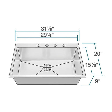Diagram of Topmount Single Bowl Kitchen Sink With Three Quarter Inch Radius Built Tough 18 Gauge Stainless Steel 304 Grade specifications