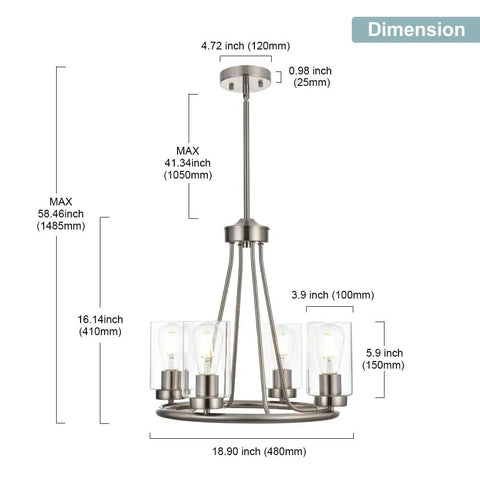 Wagon Wheel Chandelier With Clear Glass Shades For Four Light 19 Inch Wide Dope Modern Brushed Nickel Ceiling Light Fixture dimensions