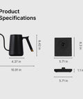 Fish Smart Electric Coffee Kettle 600ML Gooseneck Pour Over Kettle For Coffee And Tea With Variable Temperature Control Fast Boil 304 Stainless Steel Home Edition Black dimensions and base.