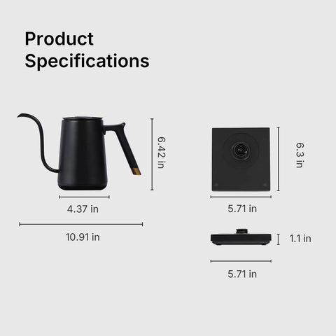 Fish Smart Electric Coffee Kettle 600ML Gooseneck Pour Over Kettle For Coffee And Tea With Variable Temperature Control Fast Boil 304 Stainless Steel Home Edition Black dimensions and base.