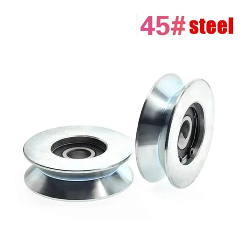 Industrial Grade V Groove Wheel 12 X 58 X 18 Millimeter Carbon Steel U Channel Roller For Wire Cable Systems, two wheels viewed from the side.