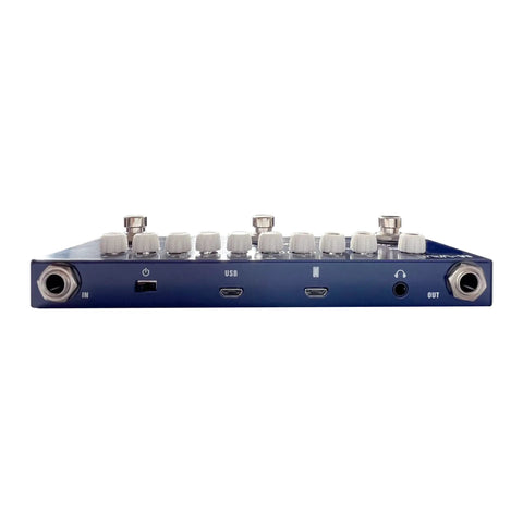Rear panel of Portable Multi Effects Bass Pedal With IR Loading And 8 Amp Models For Electric Guitar Includes Delay Reverb Chorus Phaser And Customizable Presets For Outdoor Gigs With Built In Battery, showing input and output jacks.