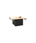 Heavy Duty 12 Vertical Locker Workbench With Four Pro Vises Rugged Hardwood Top And Secure Padlock Compartments Black Steel Garage Station with black steel base and maple surface.