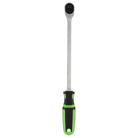 90T 1/4 Inch Drive Ratchet With Reversible Flex Head And Ergonomic Handle visible in full length with green accents on handle