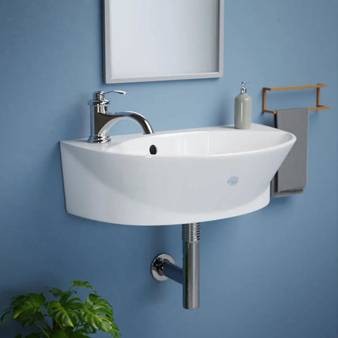 Small Wall Mounted Bathroom Sink 17 Inch White Ceramic Oval Basin With Porcelain Coated Finish Floating Wall Hung Design Overflow Single Faucet Hole