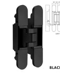 Adjustable Invisible Door Hinge For Wooden Doors Heavy Duty Hidden Cross Hinge in black with dimensions for easy installation.