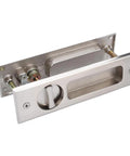 Sliding Door Lock With Invisible Recessed Handle And Latch, Includes Keys, For Pocket Doors And Barn Wood Doors, shown in silver