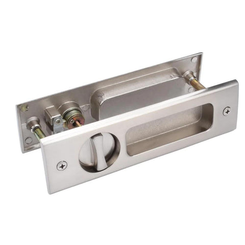 Sliding Door Lock With Invisible Recessed Handle And Latch, Includes Keys, For Pocket Doors And Barn Wood Doors, shown in silver